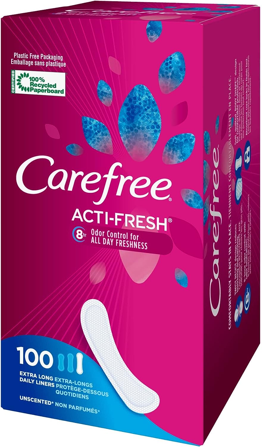 Carefree Acti-Fresh , Extra Long Flat, Unscented, 100 Count / 3Pack