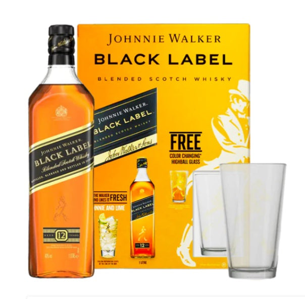 JOHNNIE WALKER BLACK WITH GLASS 1L