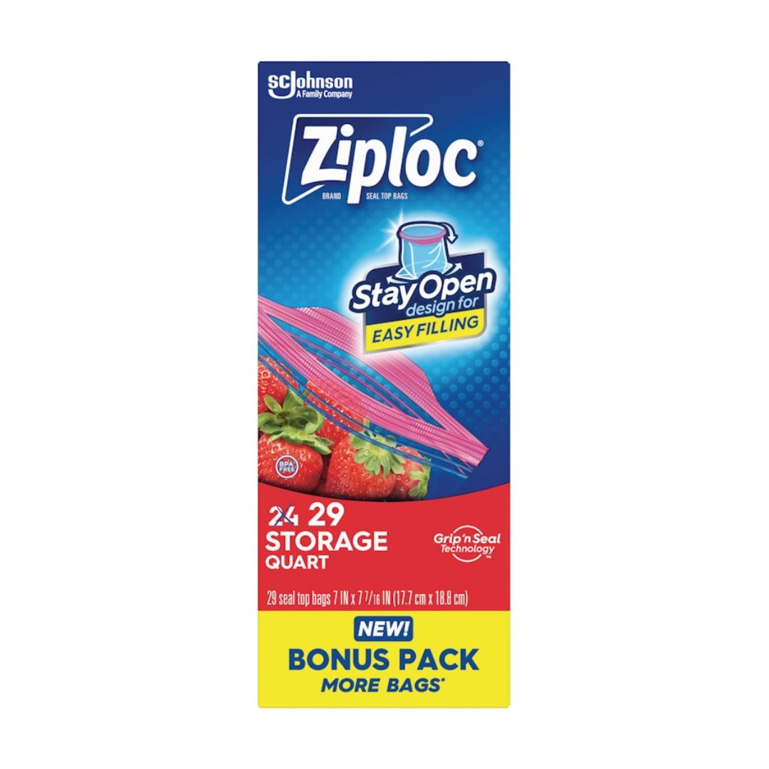 Ziploc® Quart Storage Bags, Stay Open Design, Easy to Fill, 29 count / 12
