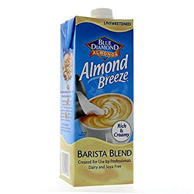 Carton of Blue Diamond Almond Breeze Barista Blend almond milk, unsweetened, with rich cream flavor, enhanced with vitamin D and soy protein.