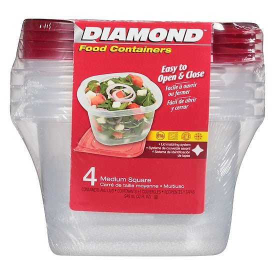 DIAMOND MEDIUM SQUARE 32OZ CONTAINER 4CT/6PK