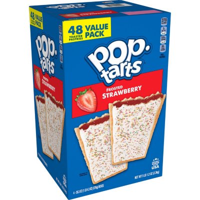 A box of Kellogg's Pop Tarts Strawberry with a value pack indicator, featuring images of the pop tarts on the front.