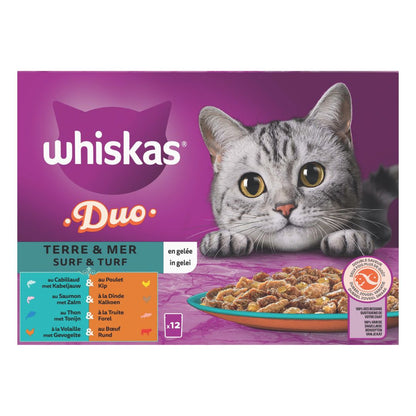 WHISKAS® Duo Sachets Fraîcheur Terre & Mer En Gelée Pour Chat Adulte 4 Variétés 12 x 85g