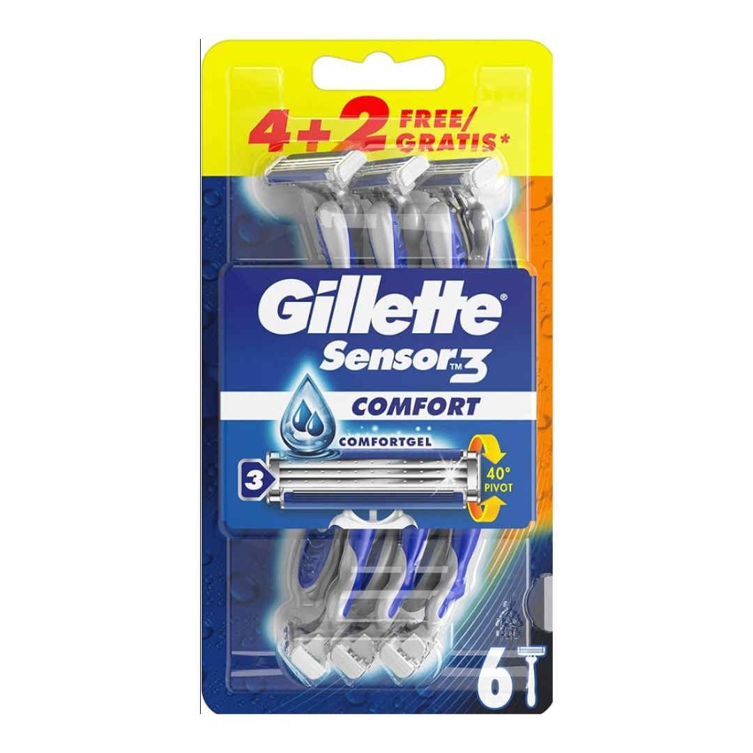 Gillette Sensor3 Comfort Disposable Razors for Men, 4+2, Pack of 6