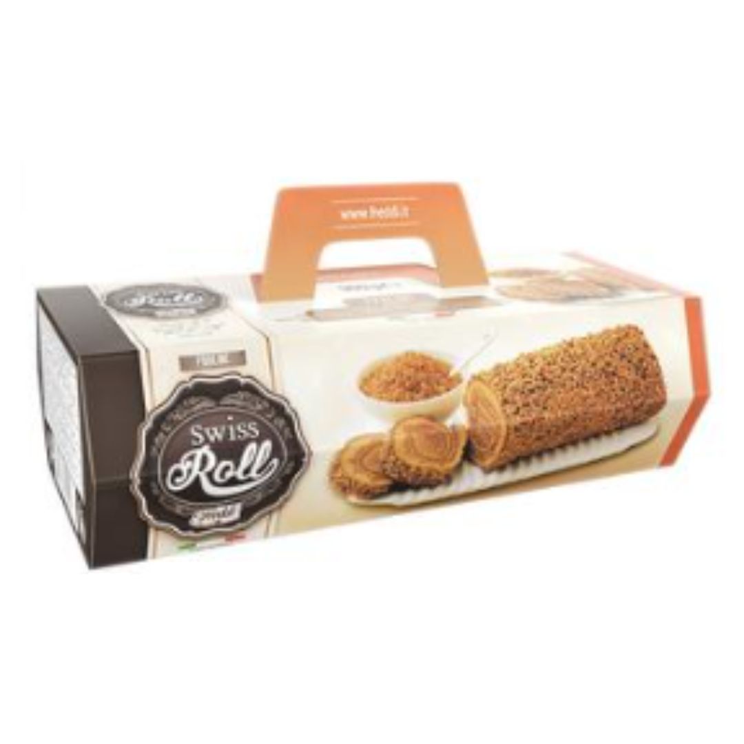 Box of Swiss Roll cookies with a clear window on a white background