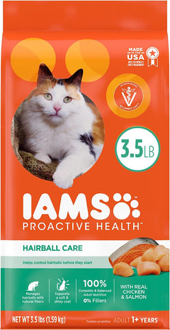 IAMS PROACTIVE HEALTH Adult Hairball Care Dry Cat Food with Chicken and Salmon Cat Kibble, 3.5 lb. Bag / 4