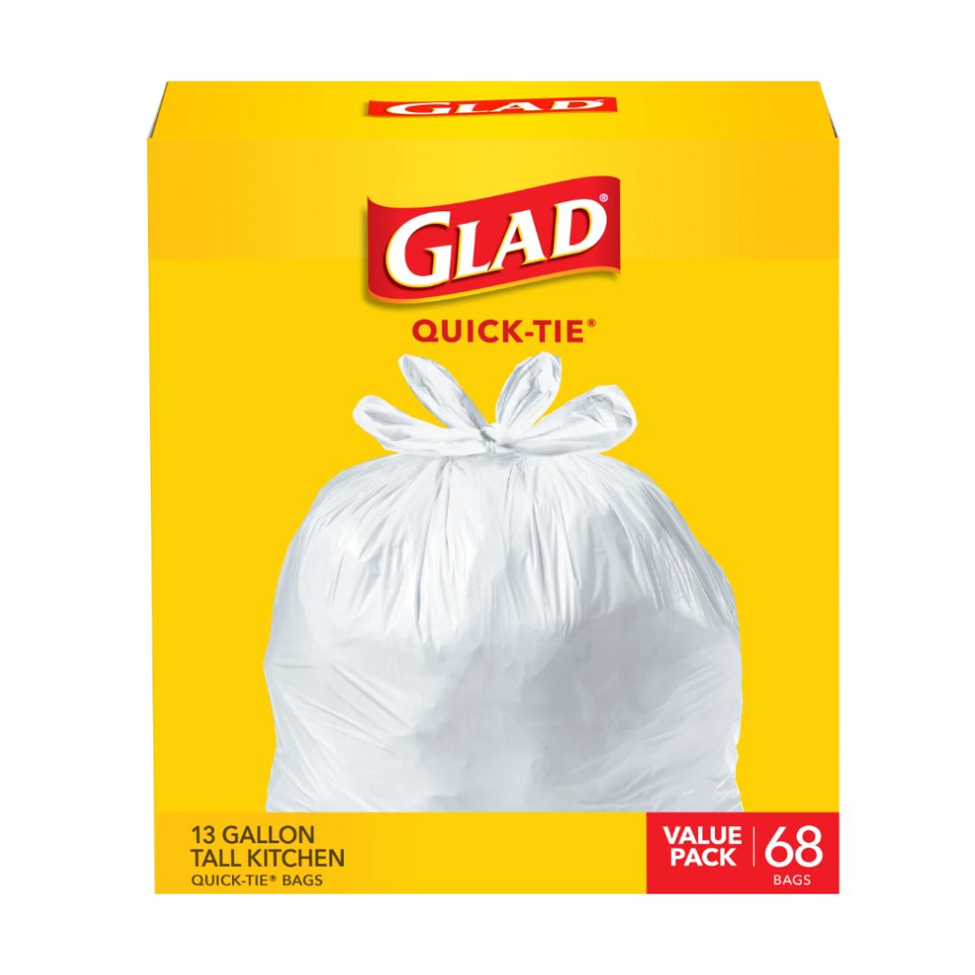 Glad Tall Kitchen Quick-Tie Trash Bags, 13 Gallon, White, 68 Count