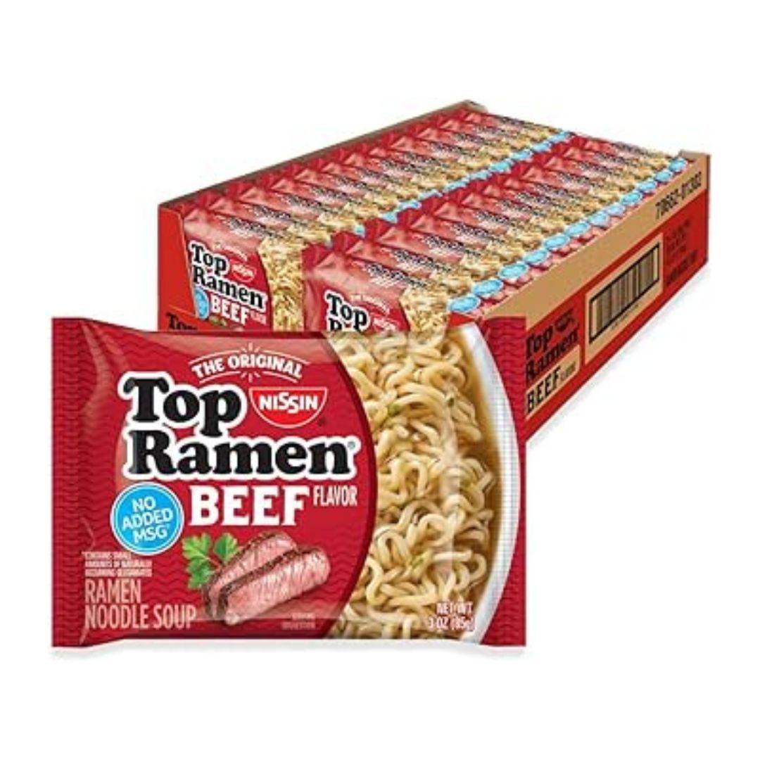 Nissin Top Ramen Noodle Soup, Beef, 3 Ounce (Pack of 24)