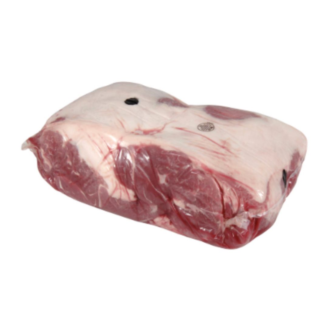 A frozen pork butt with visible marbling, wrapped in white meat packaging.