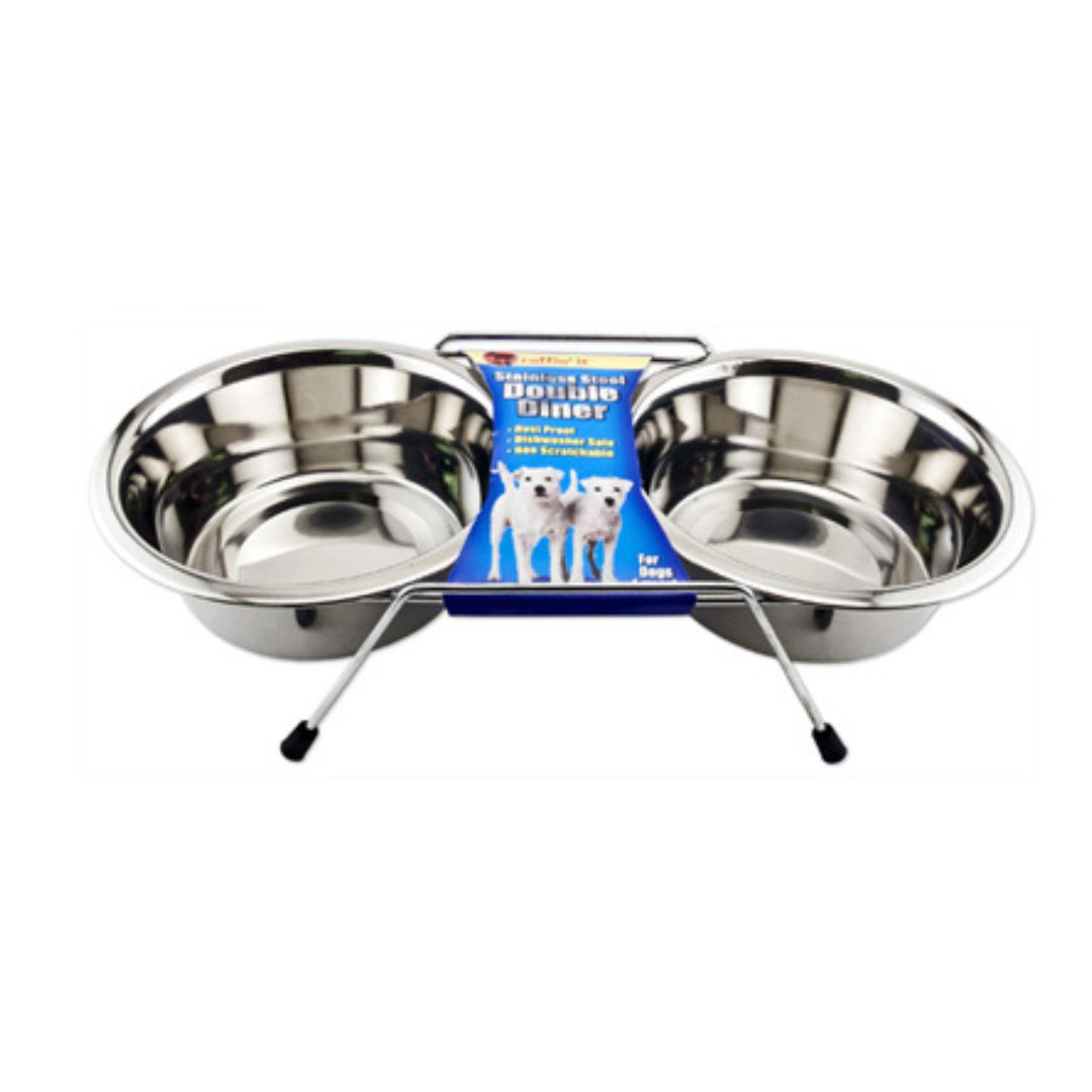 Pet Bowl Duo, With Stand, Stainless Steel, 24.5 oz.