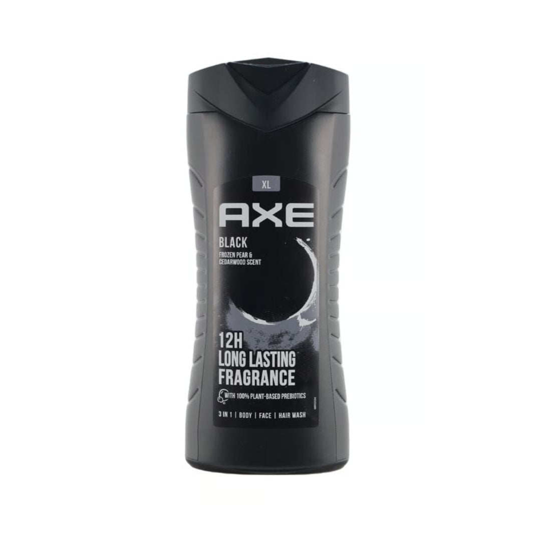 A bottle of Axe Black 12 Hour Long Lasting Fragrance, 240 ml, featuring a matte black plastic container with a matching black cap and a dark label with white text.