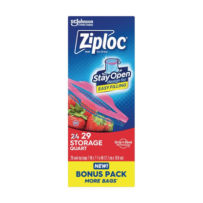 Ziploc® Quart Storage Bags, Stay Open Design, Easy to Fill, 29 count / 12