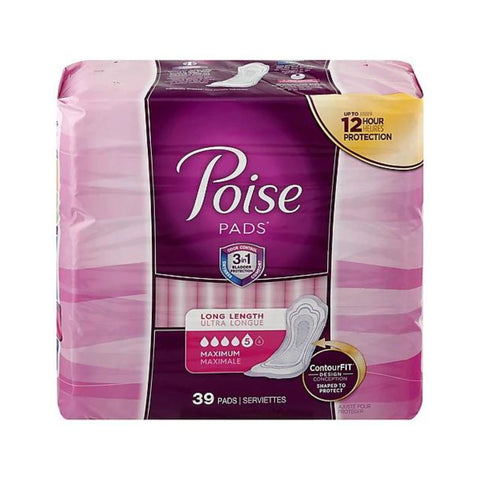 POISE INCONTINENCE PADS, MAXIMUM ABSORBENCY, LONG, 39 COUNT