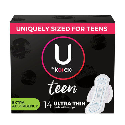 U by Kotex Teen Ultra Thin Feminine Pads with Wings, Extra Absorbency 14 x4