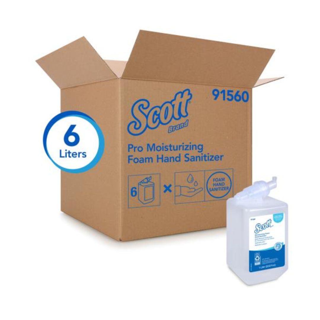 A cardboard box labeled 'Scott's 9150 Pro Moisturizing Foam Hand Sanitizer' with six units per box and a spray bottle depicted in front.